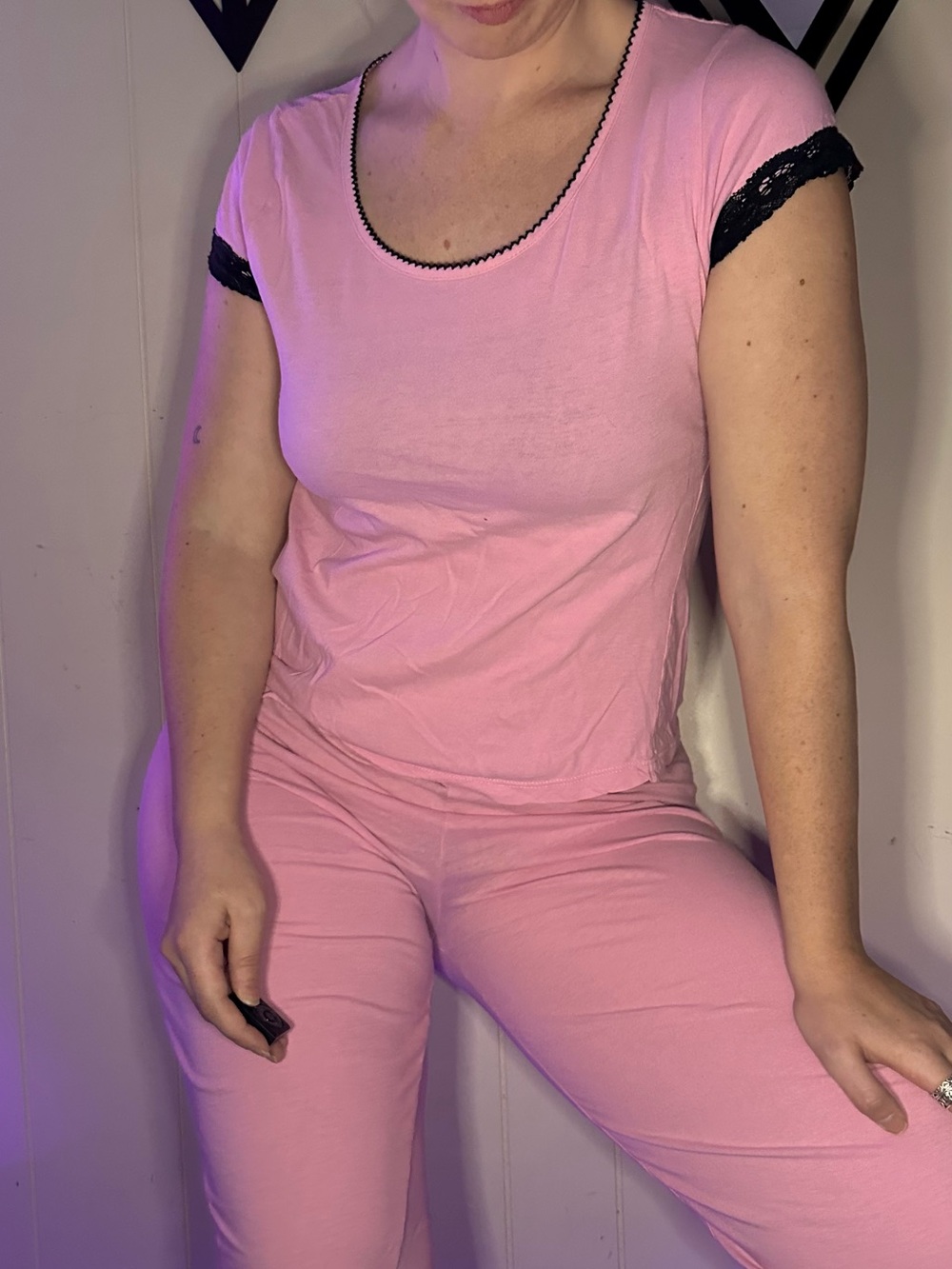 Vintage 90’s 100% Cotton Women's Pink Pajama Set with Black Lace Trim